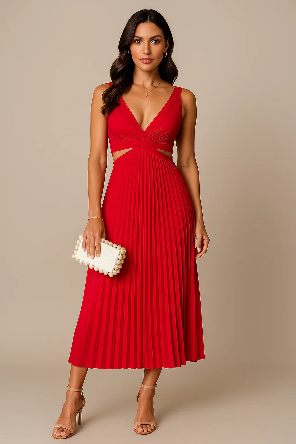 Jemima | Women's Solid Colour Deep V-Neck Pleated Midi Dress – Elegant & Stylish Formal Dress