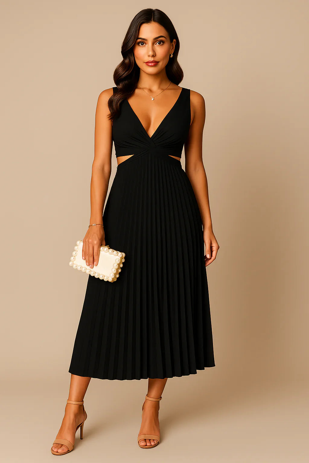 Jemima | Women's Solid Colour Deep V-Neck Pleated Midi Dress – Elegant & Stylish Formal Dress