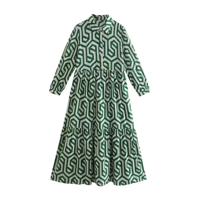 Naomi | Women’s Geometric Pattern Long Sleeve Maxi Dress with Layered Style