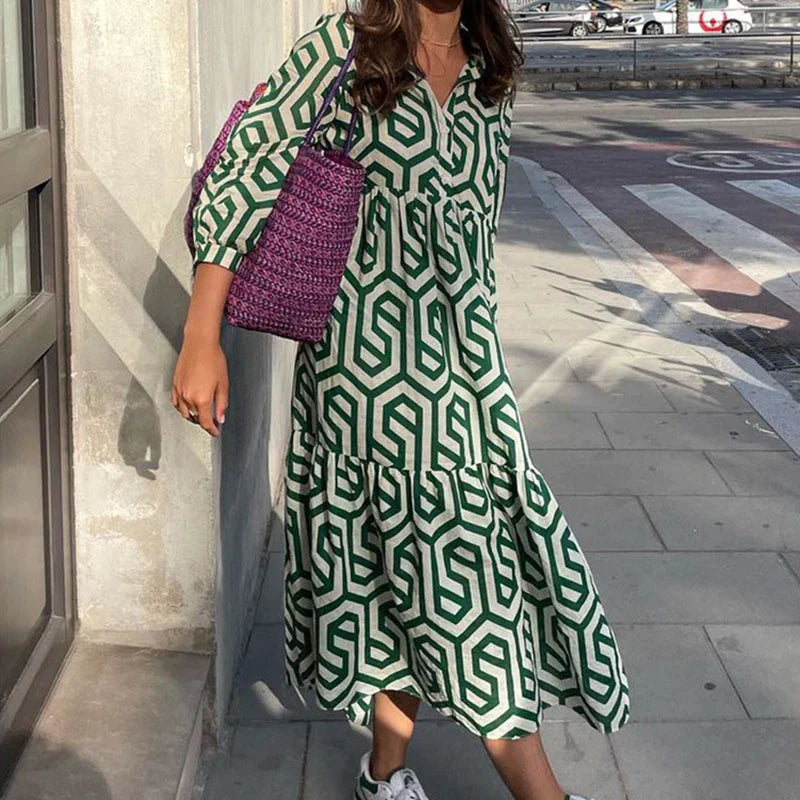 Naomi | Women’s Geometric Pattern Long Sleeve Maxi Dress with Layered Style