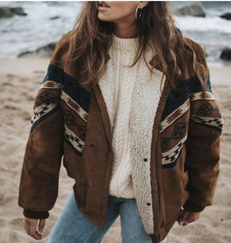 Bernal | Women's Brown Fleece-Lined Warm Bohemian Pattern Jacket