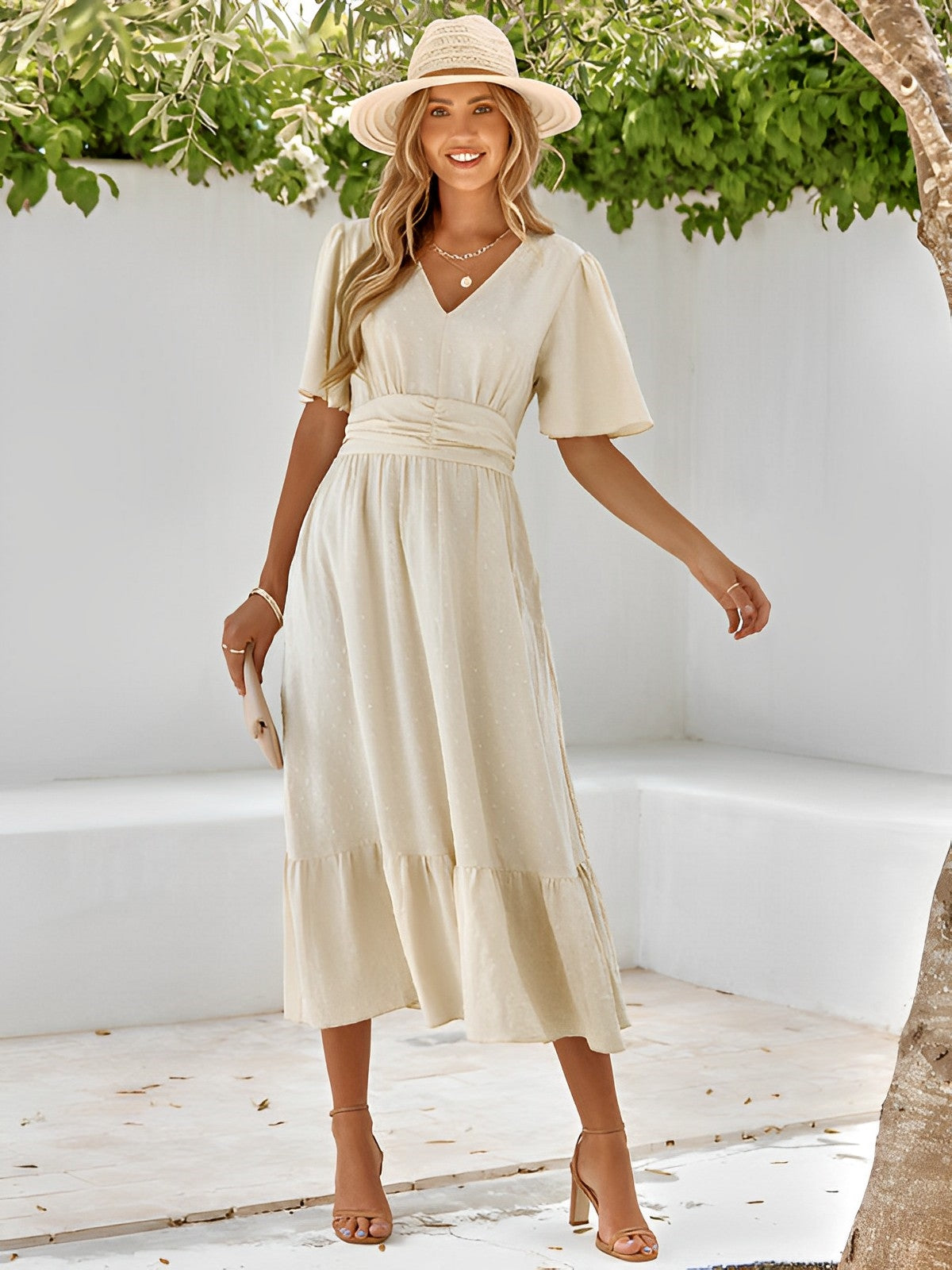 Coraline | Women’s Summer Midi Dress – Cinched Waist V‑Neck with Elegant Ruffle Hem