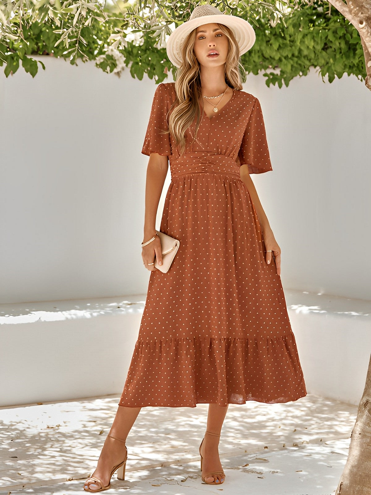 Coraline | Women’s Summer Midi Dress – Cinched Waist V‑Neck with Elegant Ruffle Hem