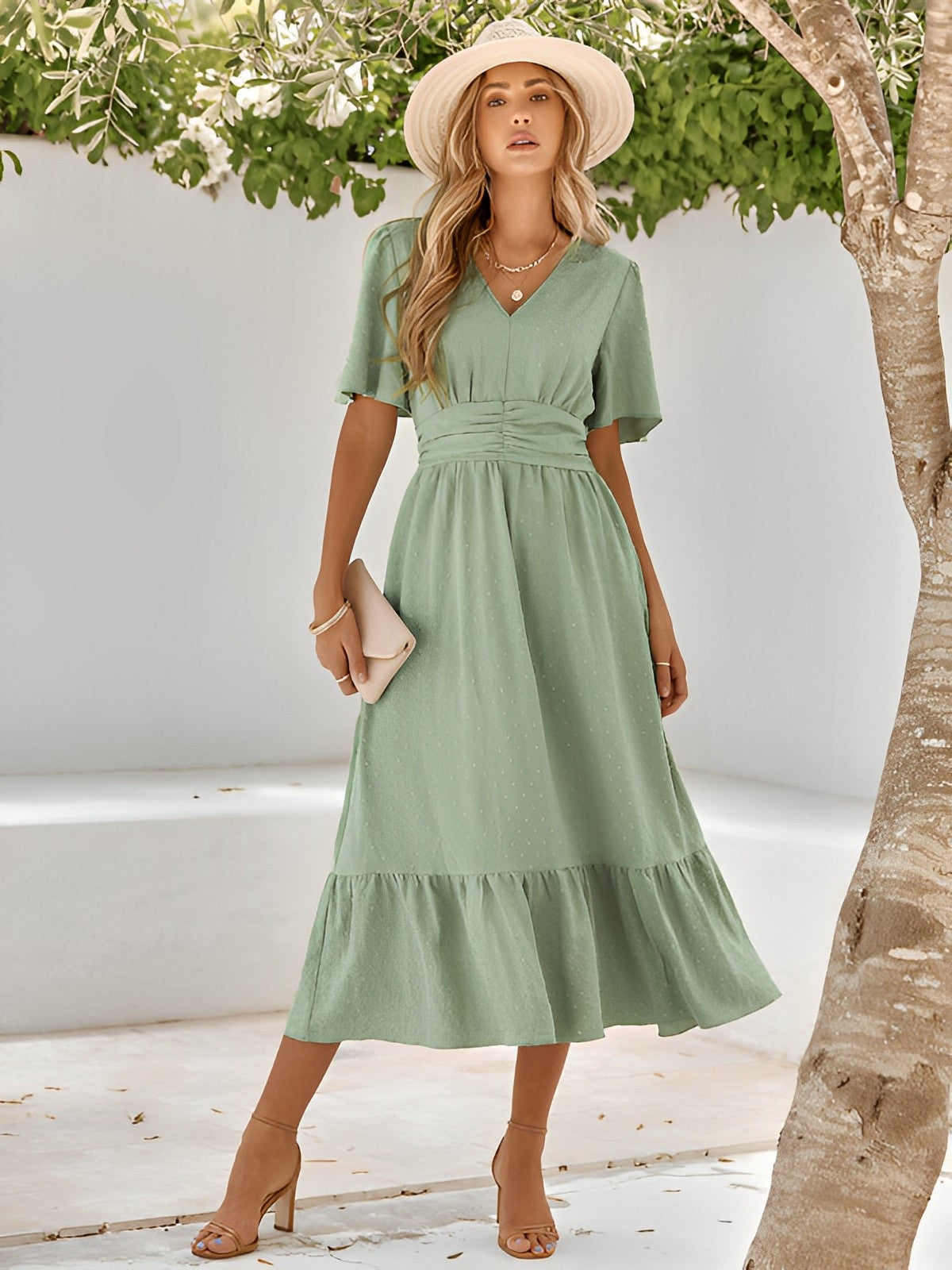 Coraline | Women’s Summer Midi Dress – Cinched Waist V‑Neck with Elegant Ruffle Hem