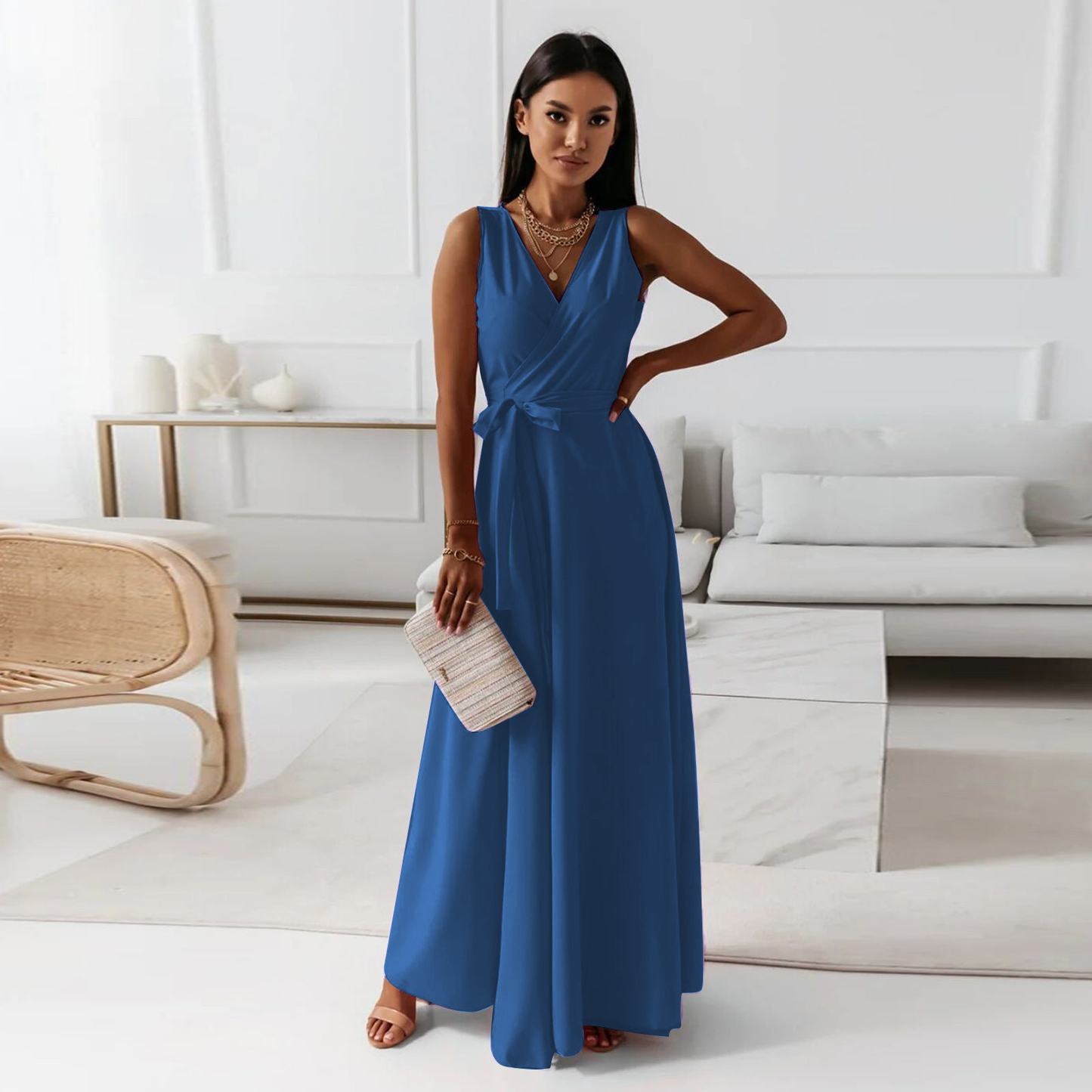 Sylverie | Women’s Elegant V-Neck Tie-Waist Sleeveless Maxi Dress – Formal Party Gown