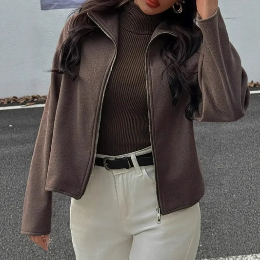 Erica | Women’s Brown Cropped Jacket with Stand-up Collar and Zip Closure