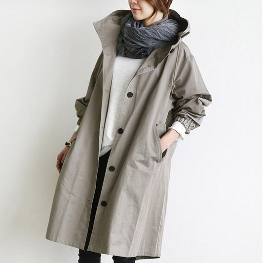 Janelle | Women's Long Waterproof Coat with Hood and Button Closure