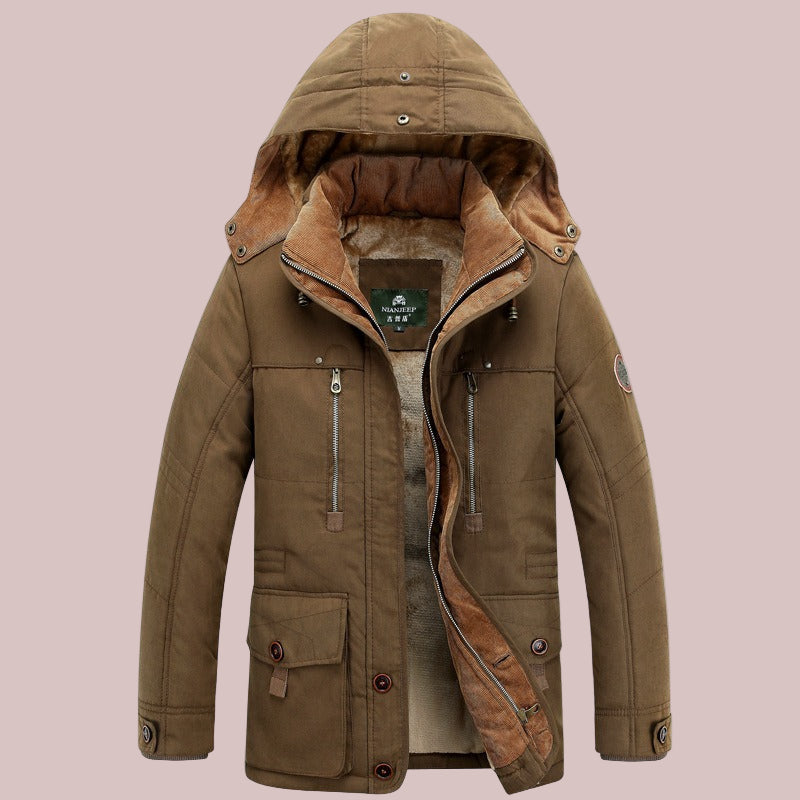 Lucian | Men’s Mid-Length Padded Parka Jacket with Hood & Multiple Pockets