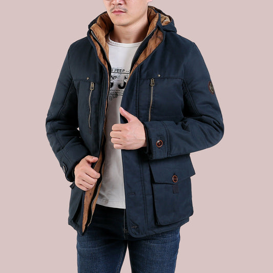 Lucian | Men’s Mid-Length Padded Parka Jacket with Hood & Multiple Pockets