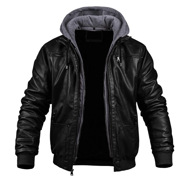 Yorkham | Men's Slim Fit Leather Look Jacket with Hood and Zip Closure