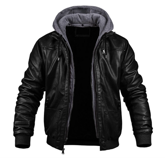Yorkham | Men's Slim Fit Leather Look Jacket with Hood and Zip Closure