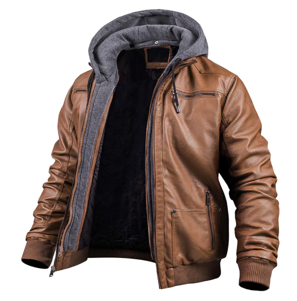 Yorkham | Men's Slim Fit Leather Look Jacket with Hood and Zip Closure
