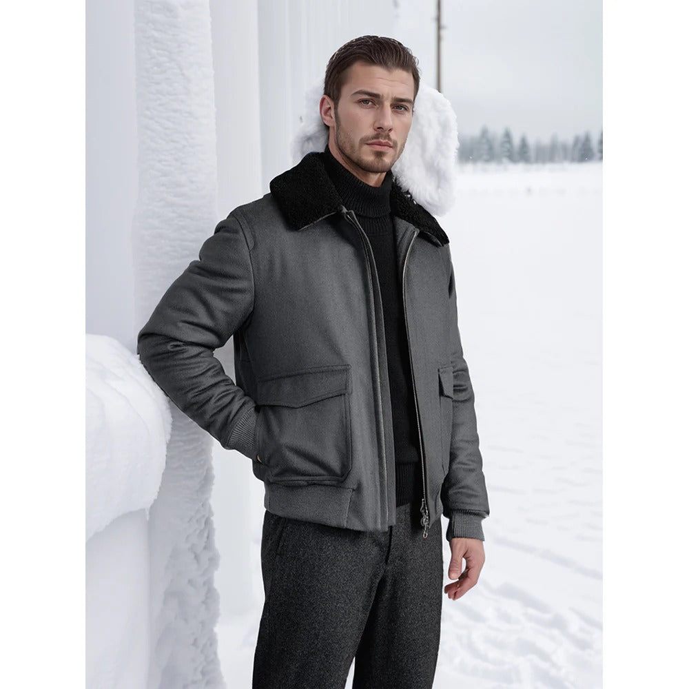 Matias | Men’s Wool-Blend Bomber Jacket with Shearling Collar and Two-Way Zip
