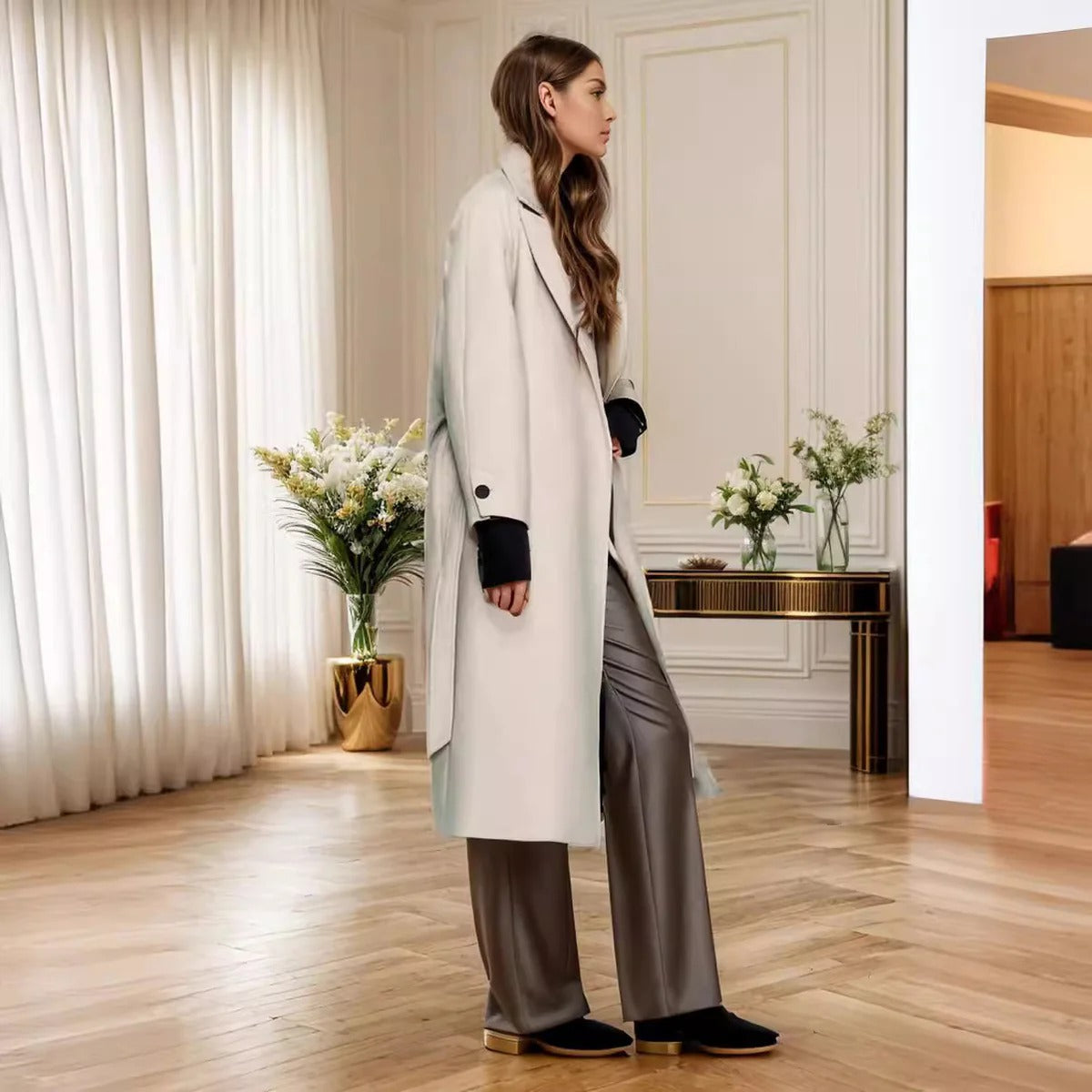 Elspeth | Women’s Midi Wool Trench Coat with Tie Waist and Notch Lapels