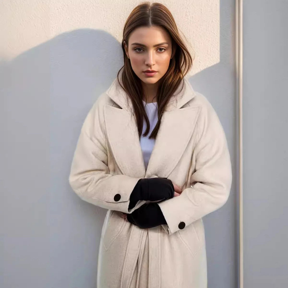 Elspeth | Women’s Midi Wool Trench Coat with Tie Waist and Notch Lapels