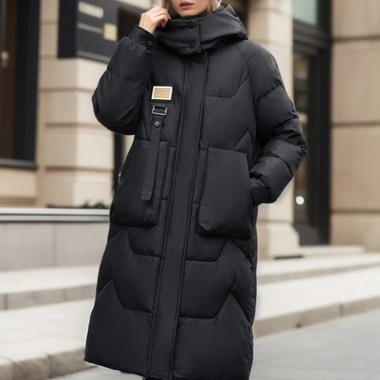 Faye | Women’s Long Padded Winter Trench Coat with Hood & High Collar