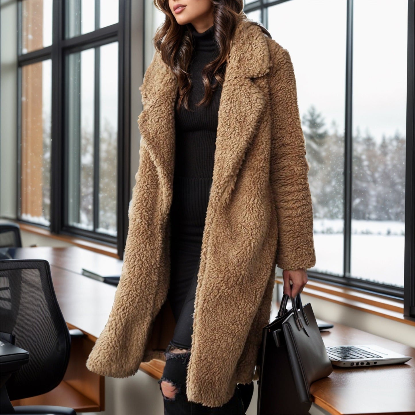 Elsa | Women’s Mid-Length Teddy Texture Open Front Overcoat