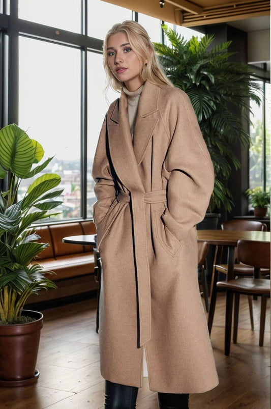 Elspeth | Women’s Midi Wool Trench Coat with Tie Waist and Notch Lapels
