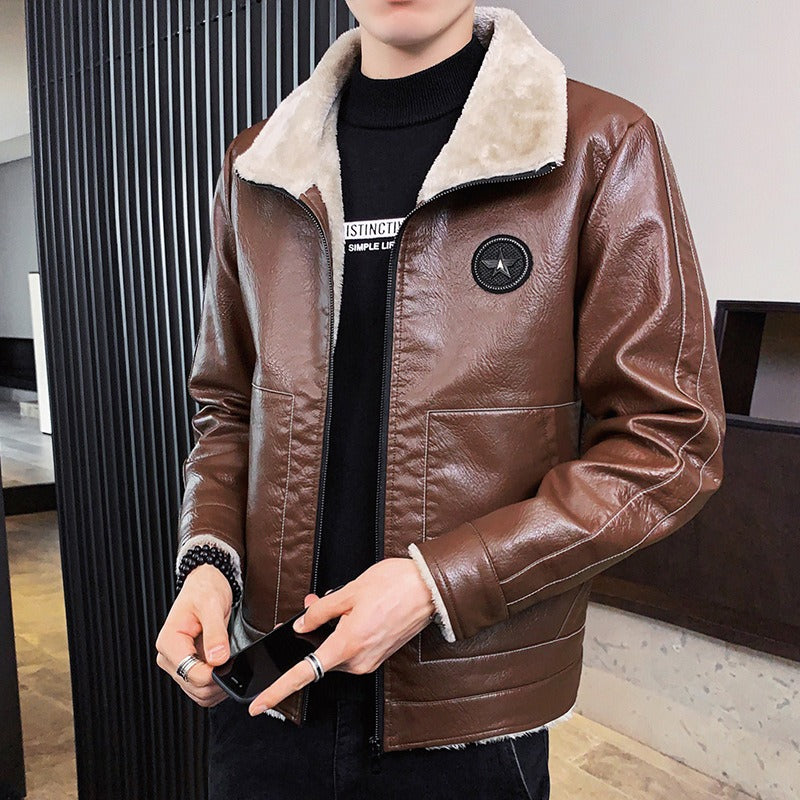 Daxiel | Men’s Faux Leather Jacket with Shearling Collar and Fleece Lining