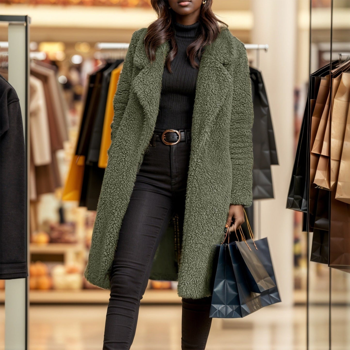 Elsa | Women’s Mid-Length Teddy Texture Open Front Overcoat