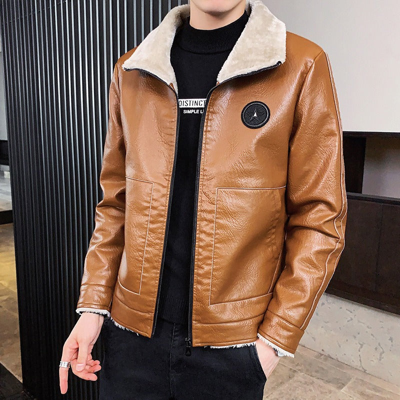 Daxiel | Men’s Faux Leather Jacket with Shearling Collar and Fleece Lining