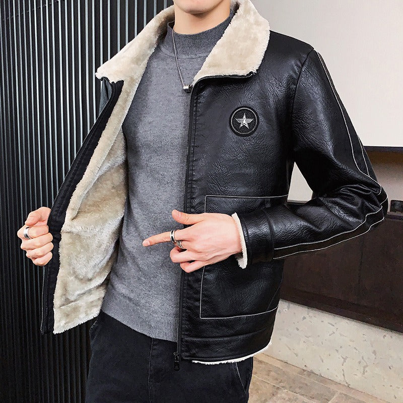 Daxiel | Men’s Faux Leather Jacket with Shearling Collar and Fleece Lining