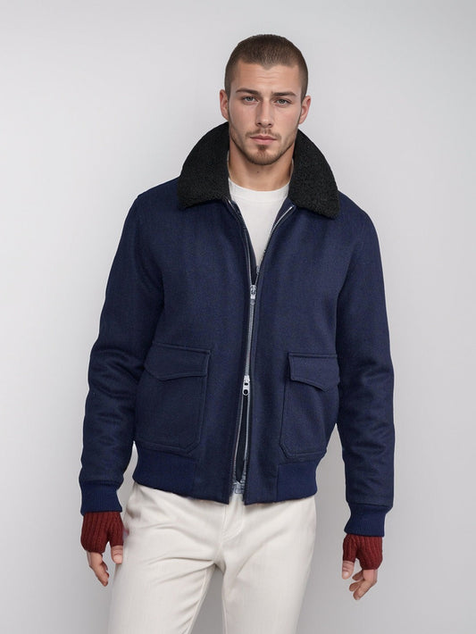 Matias | Men’s Wool-Blend Bomber Jacket with Shearling Collar and Two-Way Zip