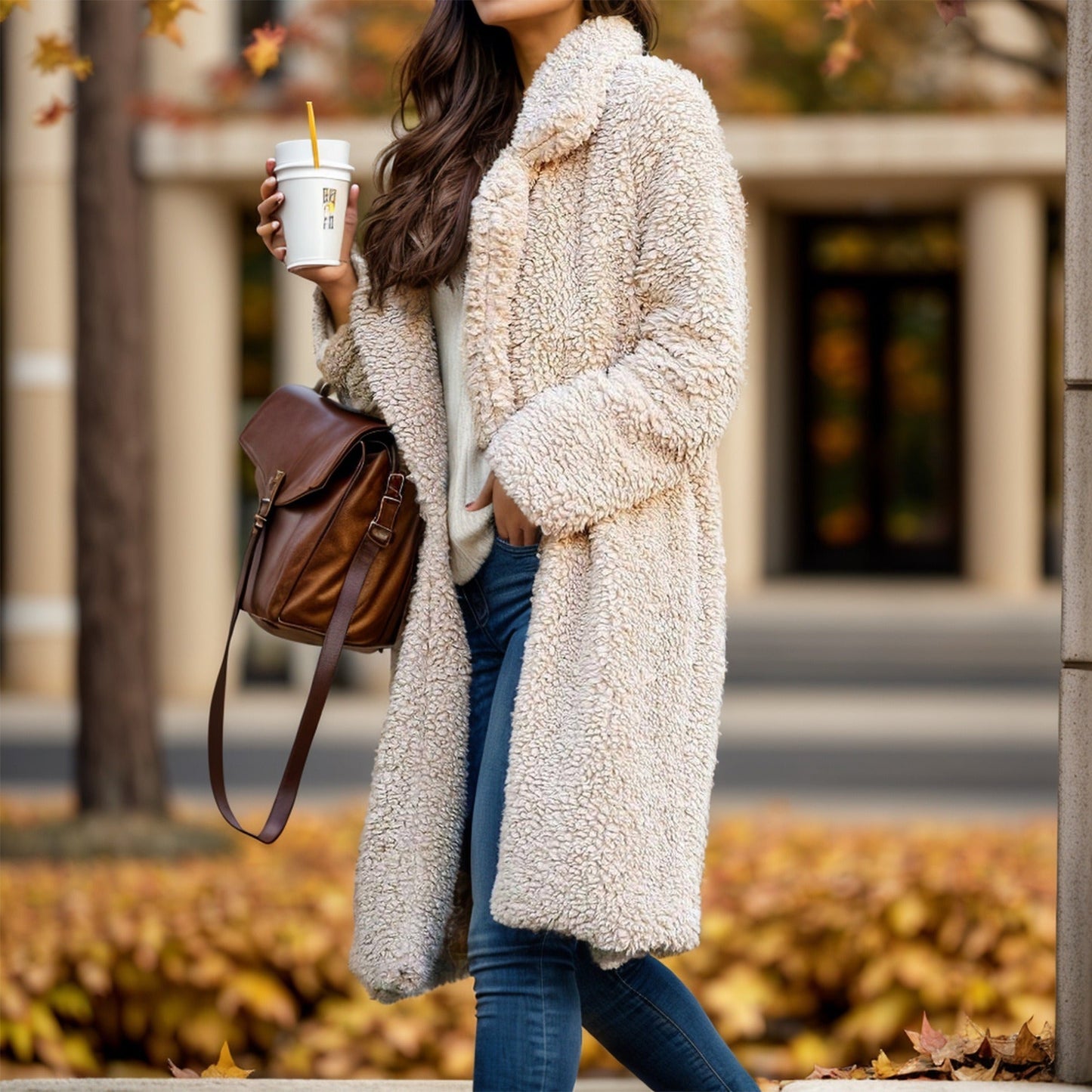 Elsa | Women’s Mid-Length Teddy Texture Open Front Overcoat