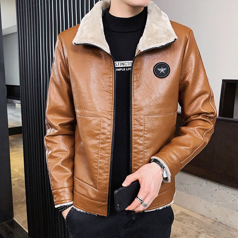 Daxiel | Men’s Faux Leather Jacket with Shearling Collar and Fleece Lining