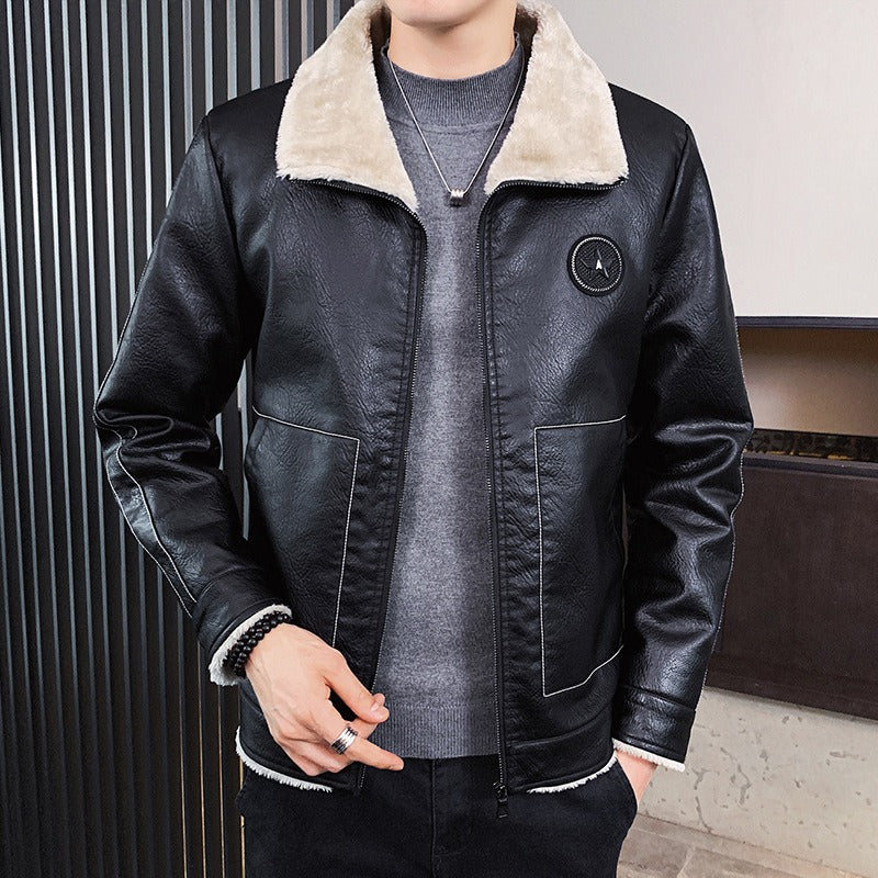 Daxiel | Men’s Faux Leather Jacket with Shearling Collar and Fleece Lining
