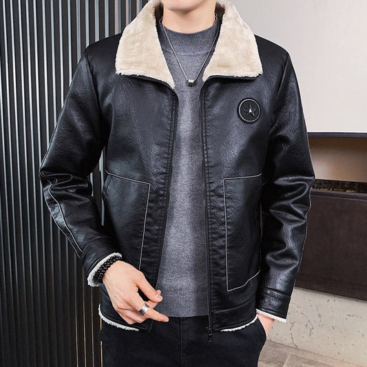Daxiel | Men’s Faux Leather Jacket with Shearling Collar and Fleece Lining