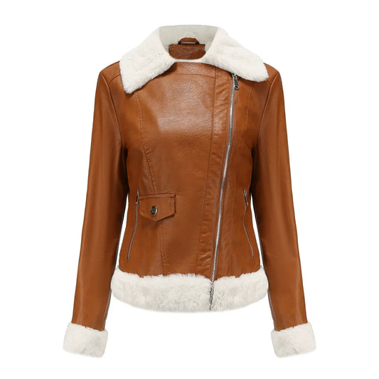 Gwendolyn | Women’s Fitted Faux Leather Jacket with Plush Fur Lining & Asymmetrical Zip
