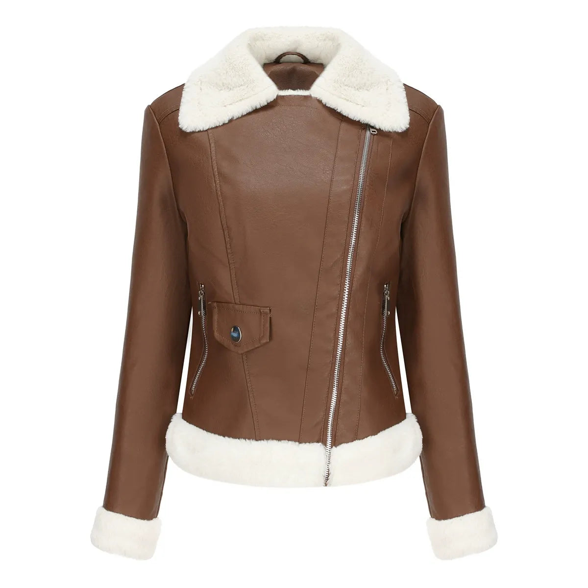 Gwendolyn | Women’s Fitted Faux Leather Jacket with Plush Fur Lining & Asymmetrical Zip
