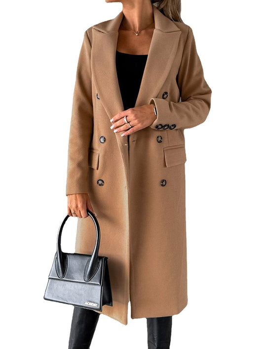 Eglantyne | Women's Long Double-Breasted Lapel Coat with Buttons