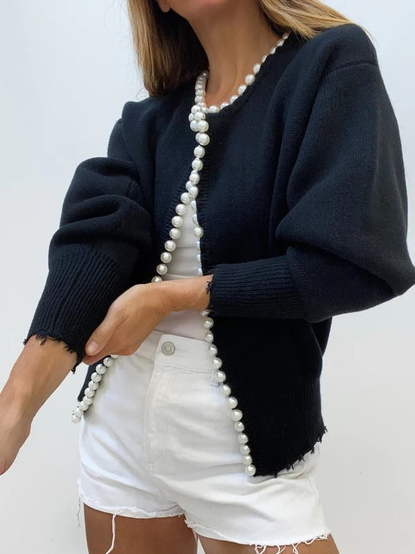 Imelda | Women’s Relaxed Fit Knitted Cardigan with Pearl Edge & Open Front
