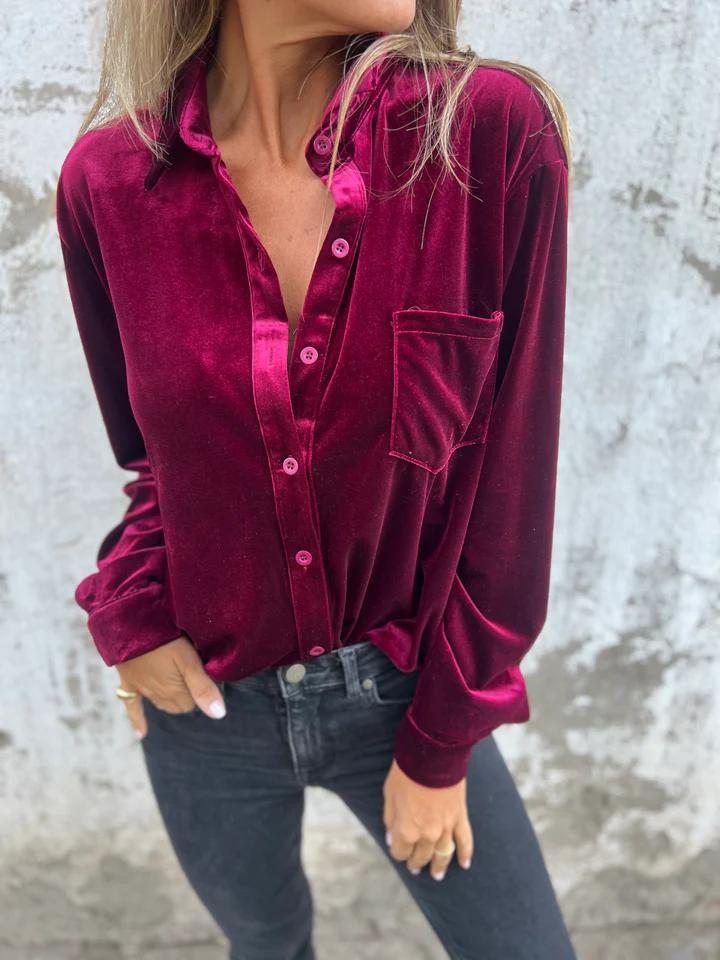 Floribella | Women's Long-Sleeve Velvet Blouse with Button-Down Front and Chest Pocket