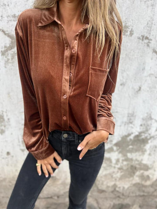 Floribella | Women's Long-Sleeve Velvet Blouse with Button-Down Front and Chest Pocket