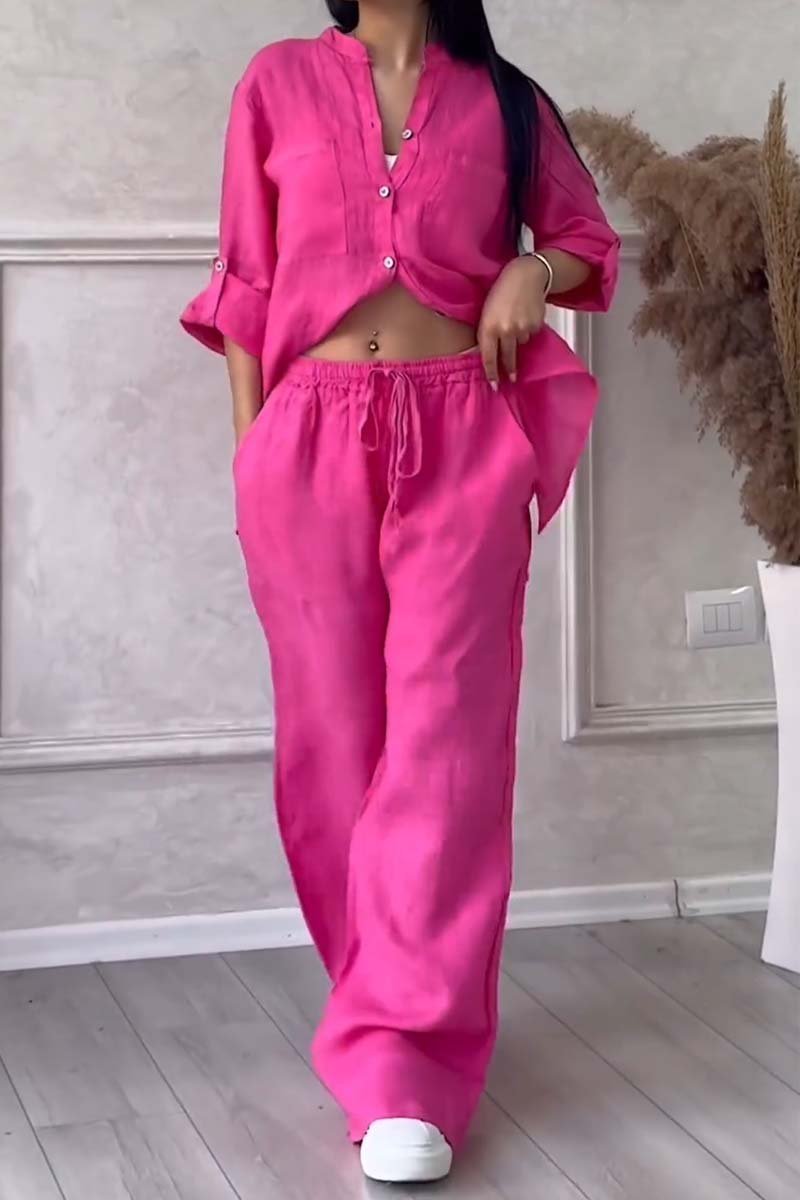 Garnet | Women's Linen Set – Buttoned Long Sleeve Blouse with Chest Pockets & Wide-Leg Trousers