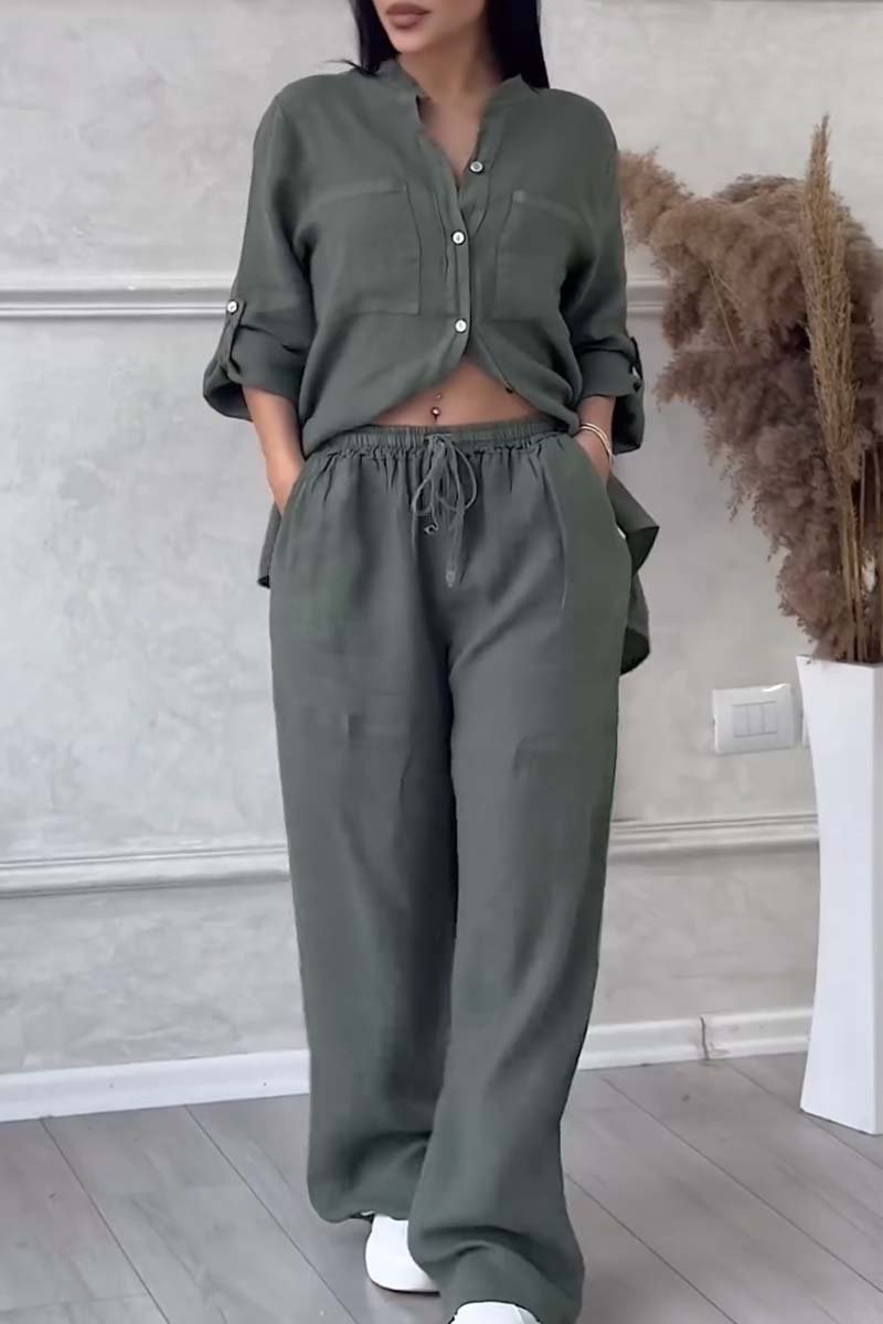 Garnet | Women's Linen Set – Buttoned Long Sleeve Blouse with Chest Pockets & Wide-Leg Trousers