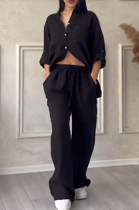 Garnet | Women's Linen Set – Buttoned Long Sleeve Blouse with Chest Pockets & Wide-Leg Trousers