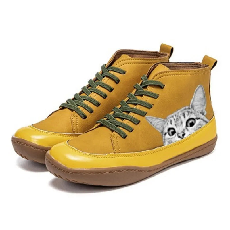 Amane | Women’s Orthopedic Lace-Up Boots with Stylish Cat Print