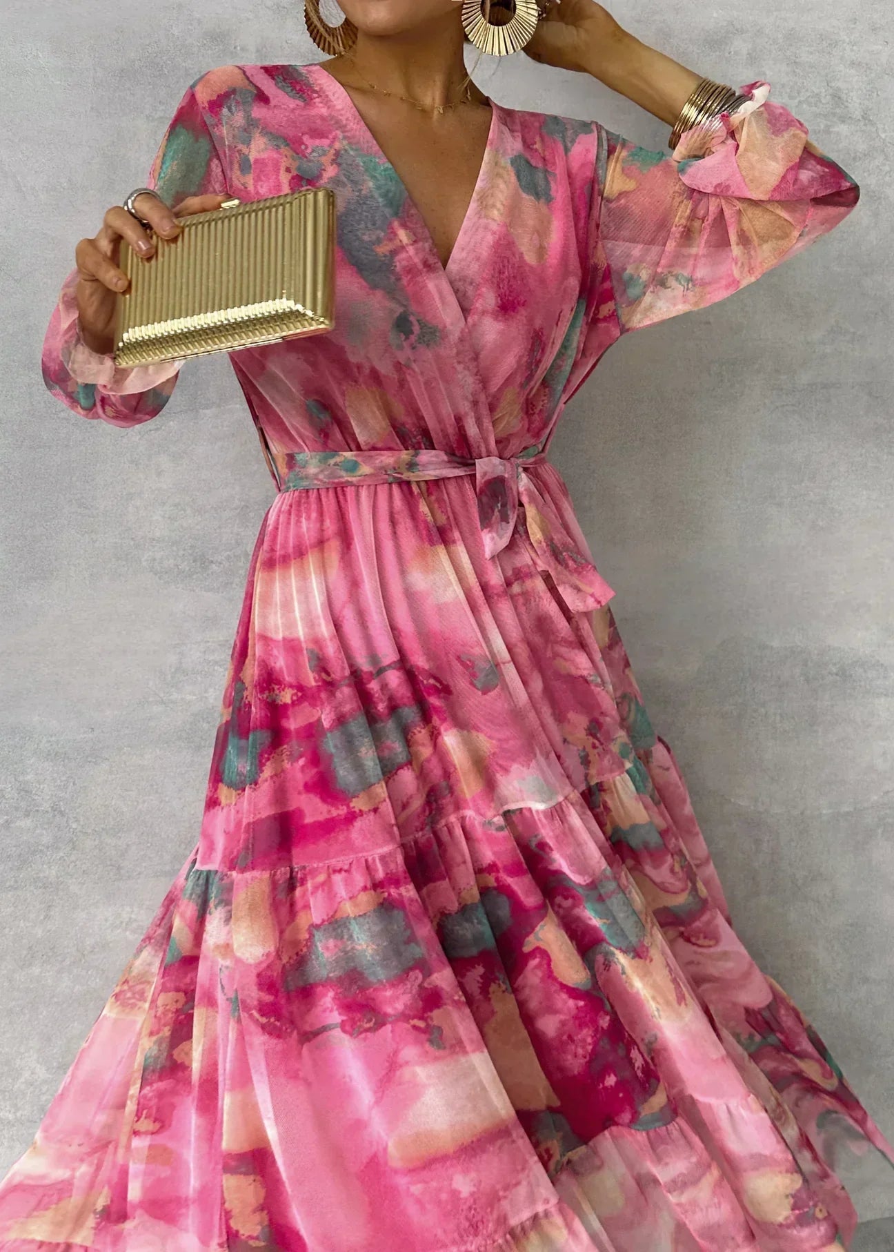 Zelira | Women’s V-Neck Tie Waist Gradient Pink Long Sleeve Summer Dress – Casual Modern Fashion