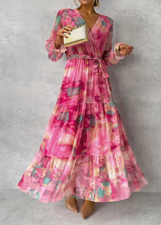 Zelira | Women’s V-Neck Tie Waist Gradient Pink Long Sleeve Summer Dress – Casual Modern Fashion
