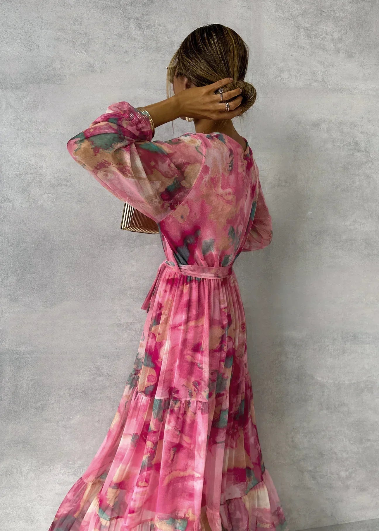 Zelira | Women’s V-Neck Tie Waist Gradient Pink Long Sleeve Summer Dress – Casual Modern Fashion