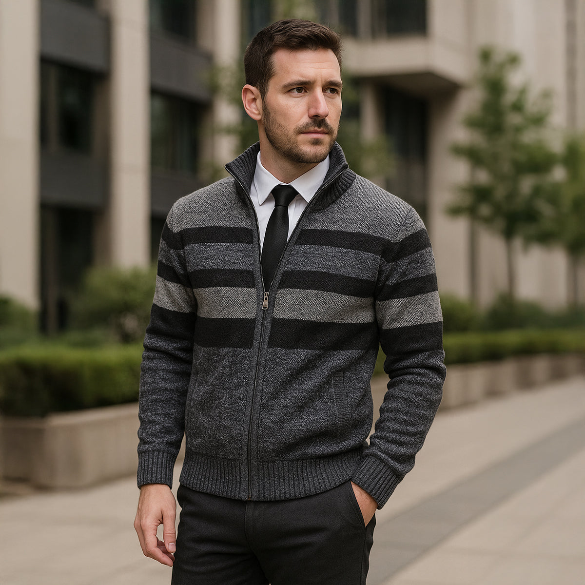 The Viareggio Men’s Knit Warm Striped Zip Cardigan