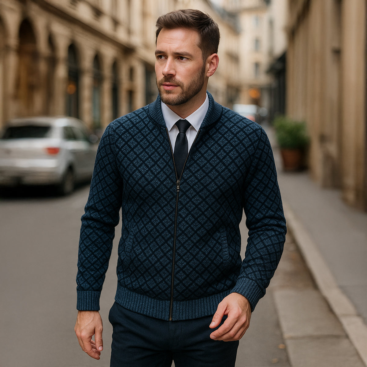 The Bibbona Men’s Knitted Diamond Pattern Zip Up Cardigan