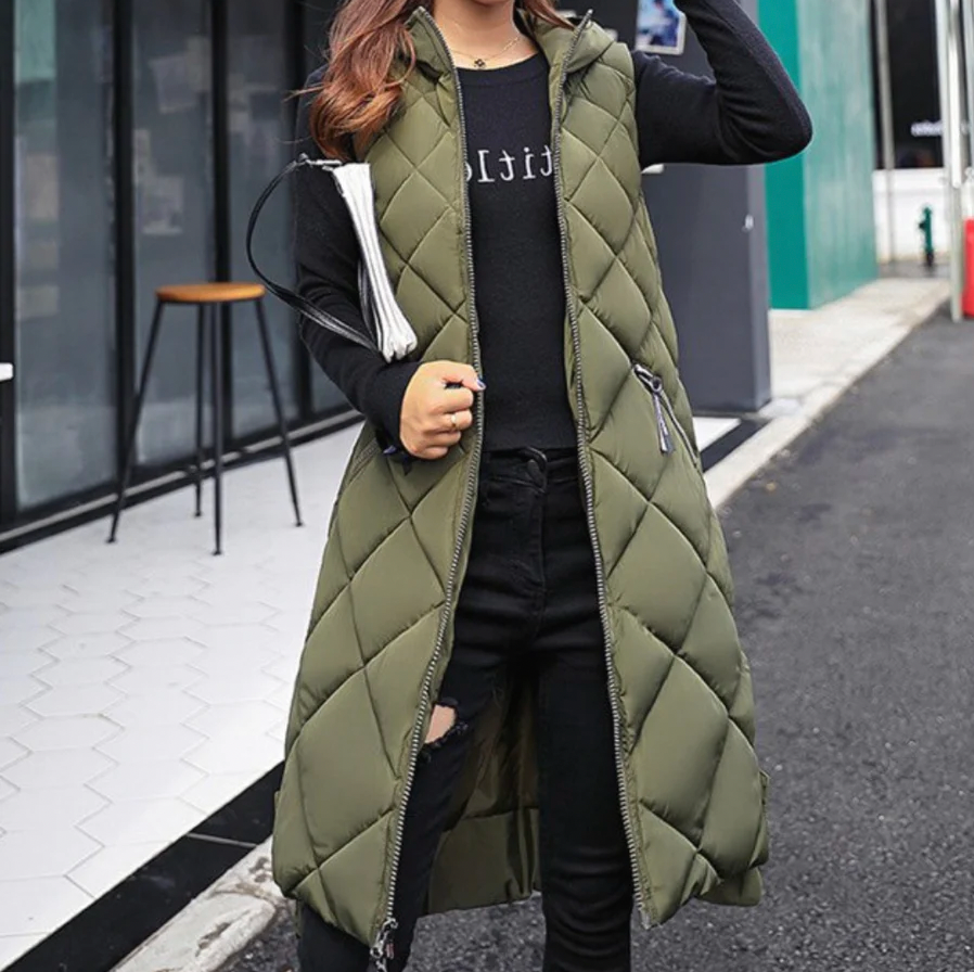 Candace | Women’s Long Hooded Padded Zipped Vest for Autumn