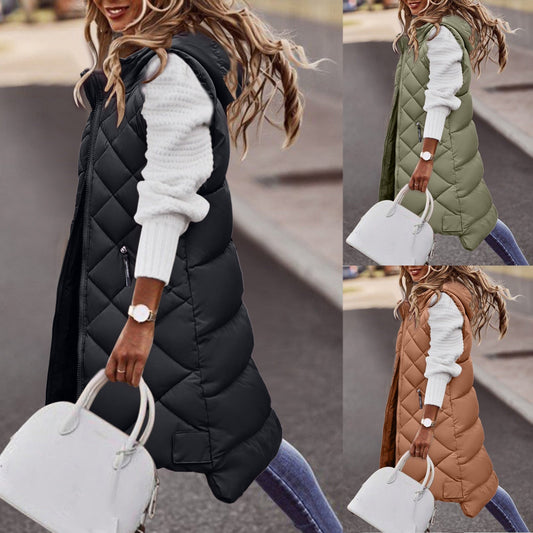 Candace | Women’s Long Hooded Padded Zipped Vest for Autumn