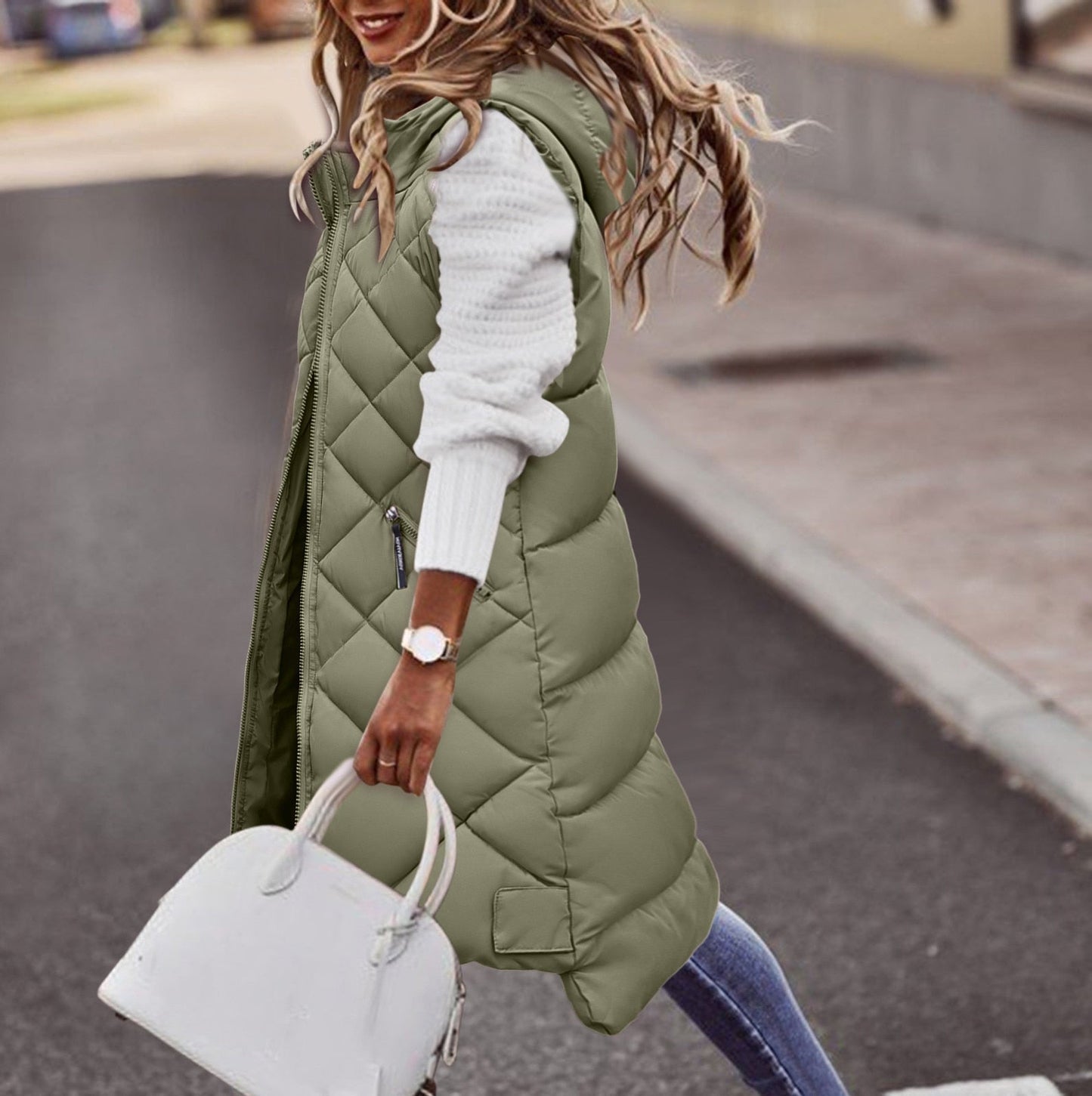 Candace | Women’s Long Hooded Padded Zipped Vest for Autumn