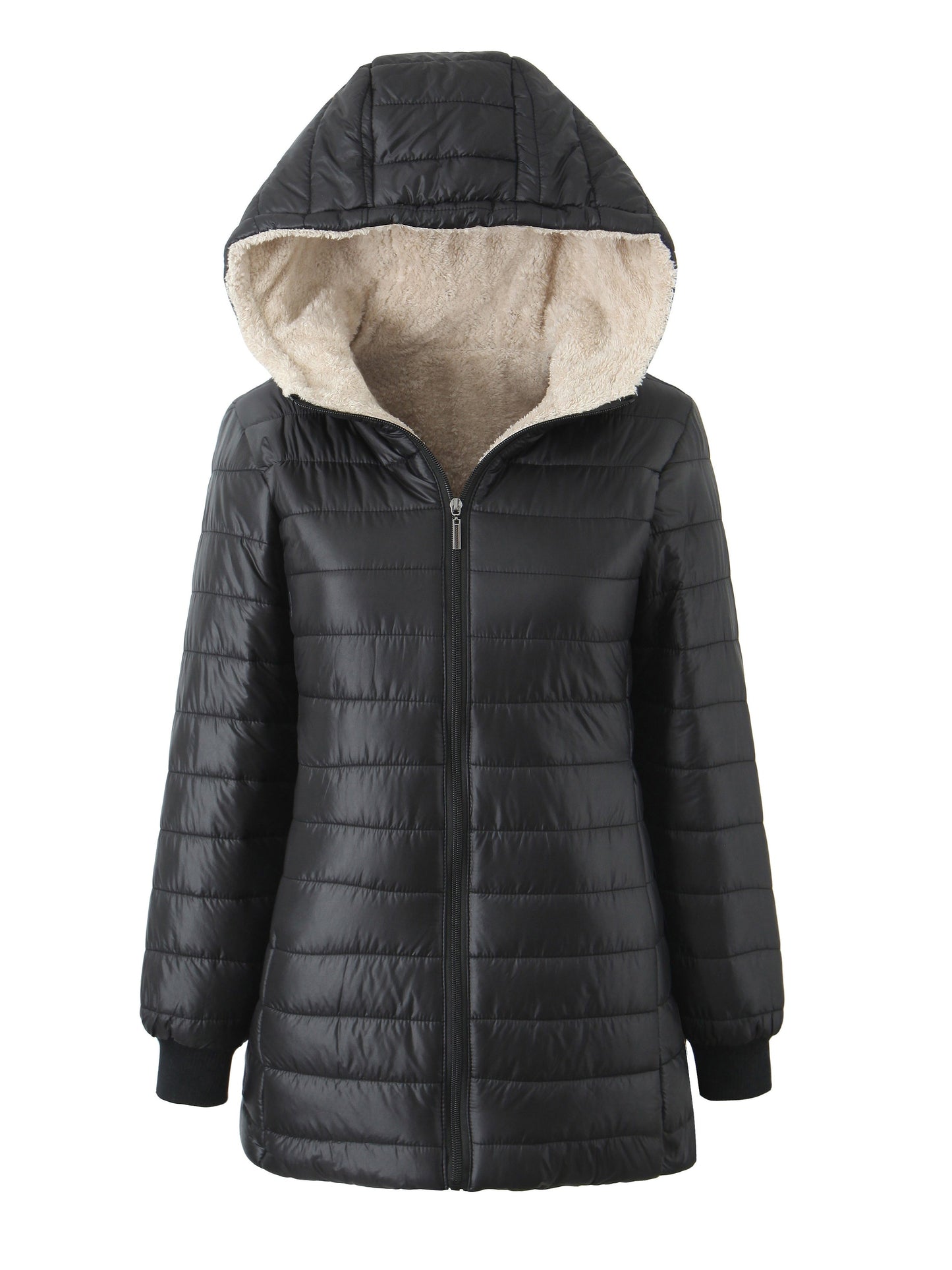 Macy | Women's Black Quilted Fleece-Lined Hooded Jacket with Zip